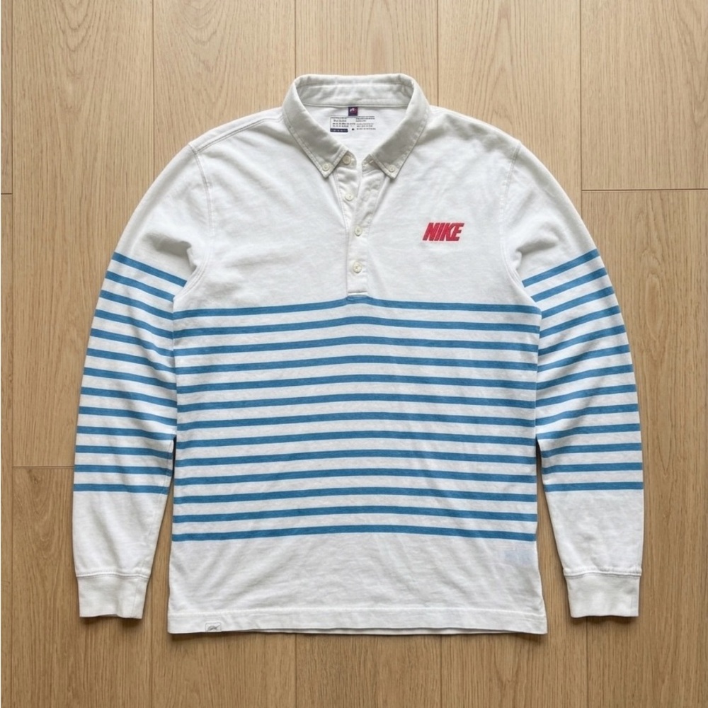Nike Golf Sport White Polo with Blue Stripes & Pink/Red Logo Men’s Size Medium